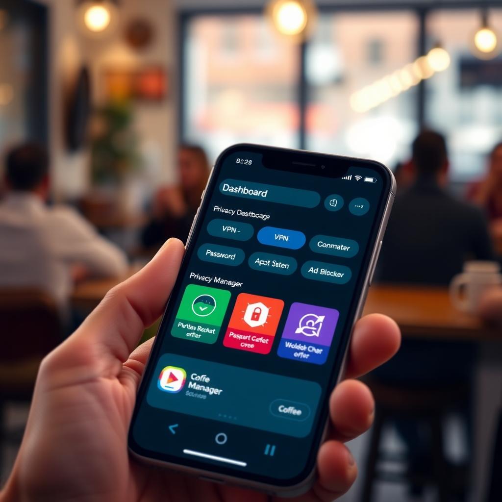 A smartphone showing a privacy dashboard with VPN, password manager, and ad blocker icons in a coffee shop setting.