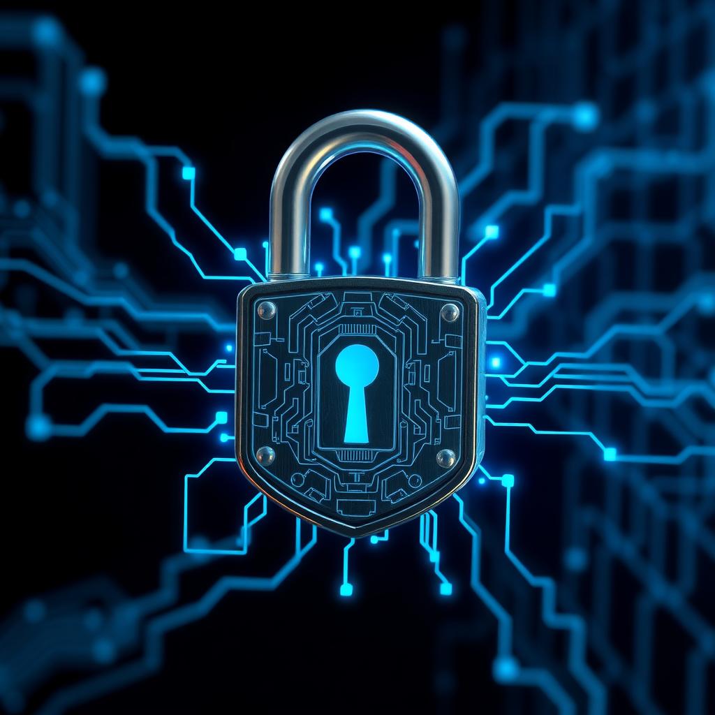 A digital lock surrounded by glowing data streams, representing online privacy protection.