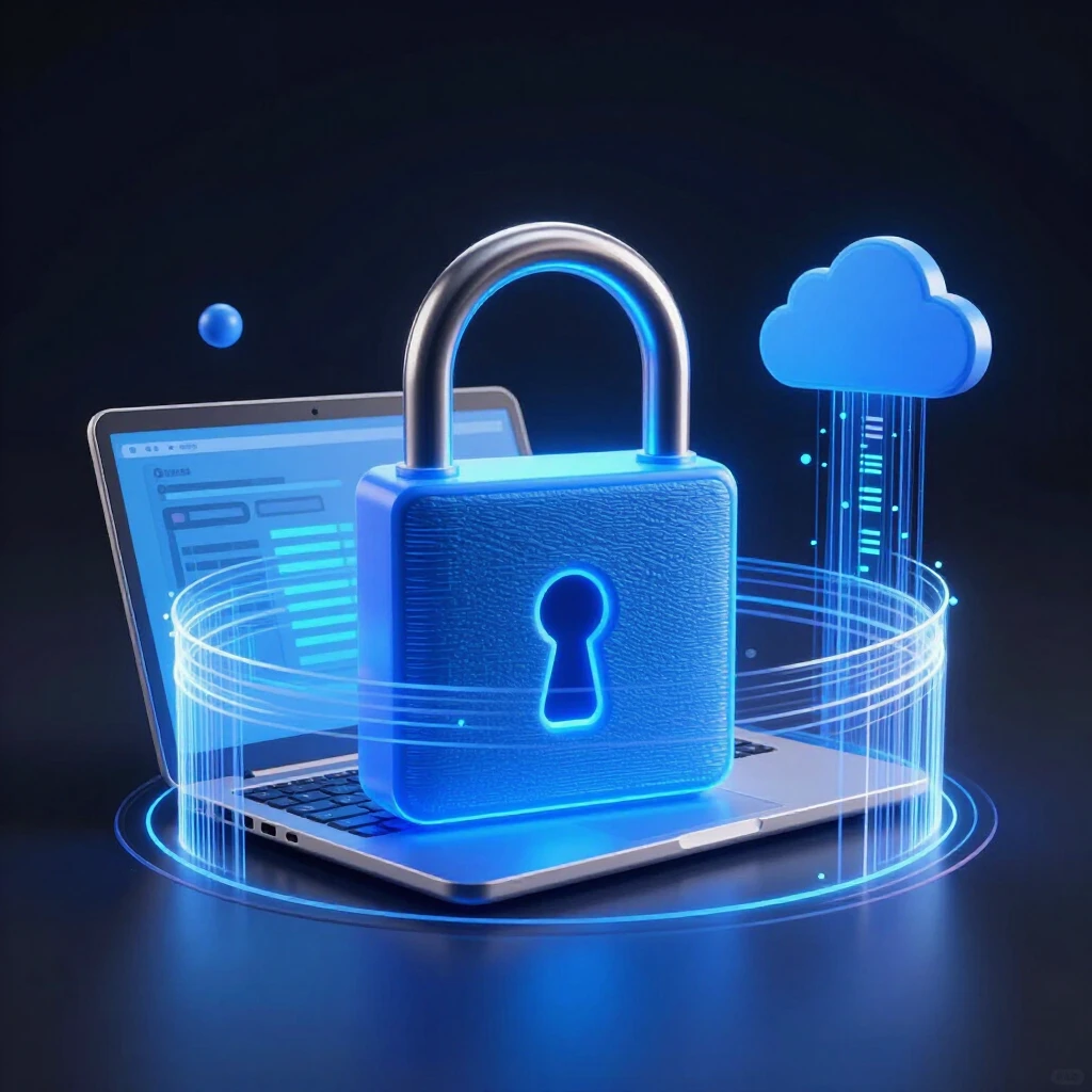 Illustration of data encryption with padlock protecting information flow