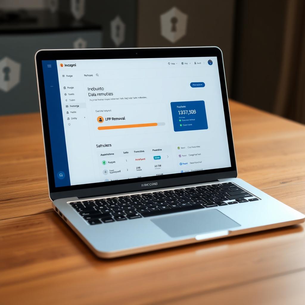 Incogni dashboard on a laptop screen with blockchain graphics