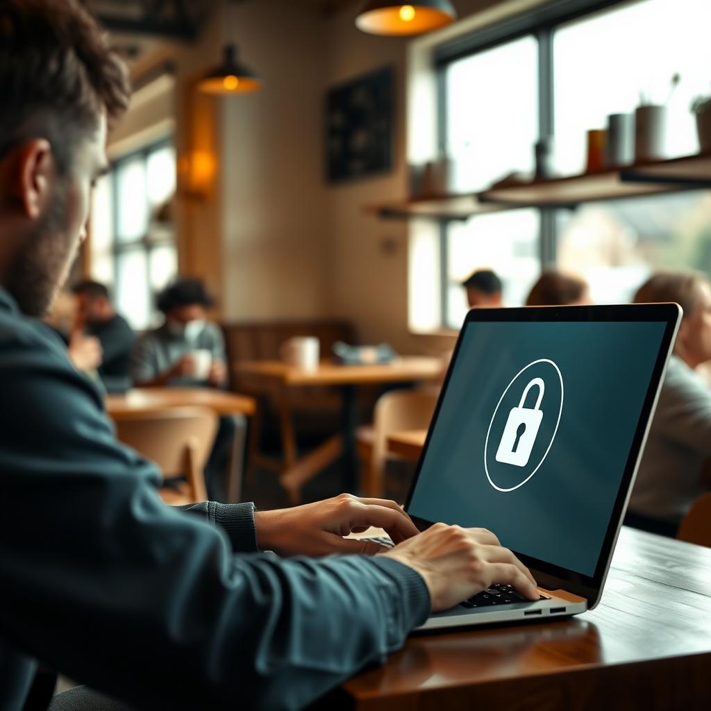 Person working on a laptop in a coffee shop with a padlock icon on the screen, symbolizing secure browsing on public Wi-Fi.