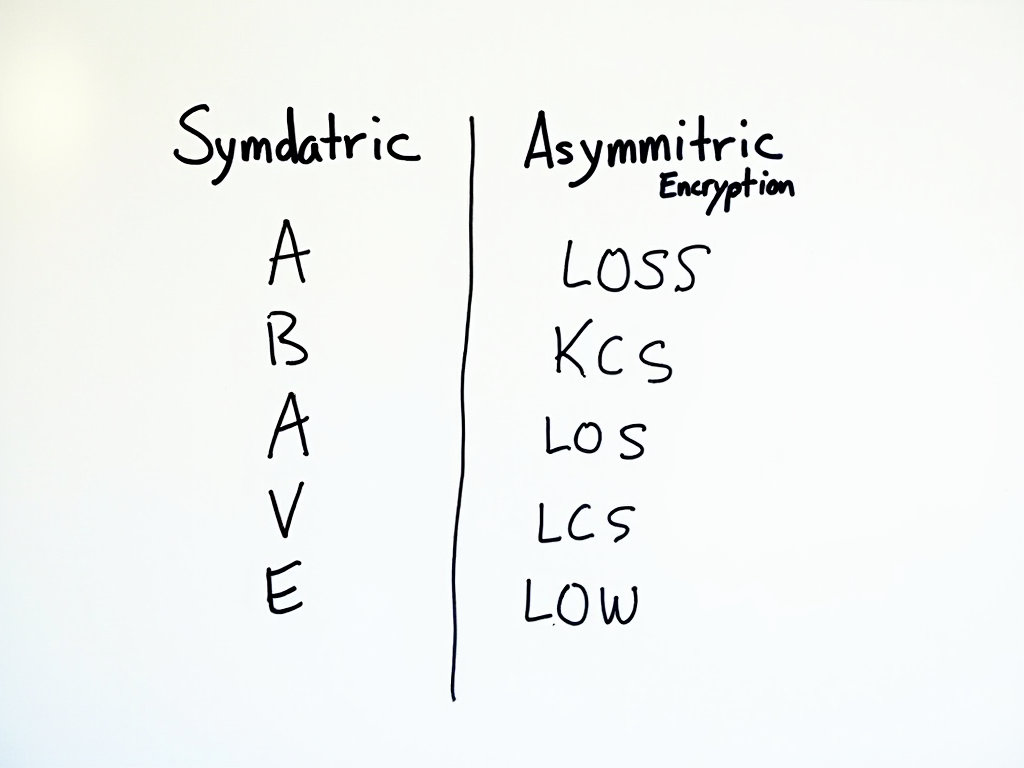 Whiteboard table comparing symmetric and asymmetric encryption.