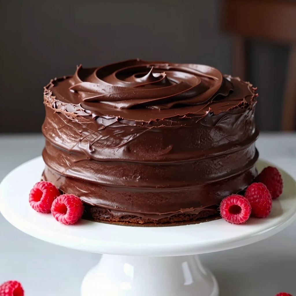 Finished chocolate layer cake with homemade frosting