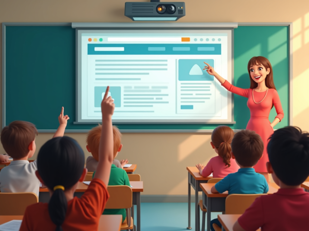 Teacher leading online privacy lesson in classroom