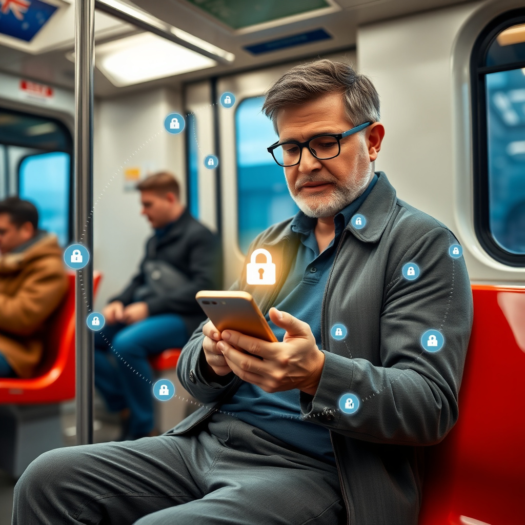 Commuter safeguarding mobile browsing with VPN on public transport