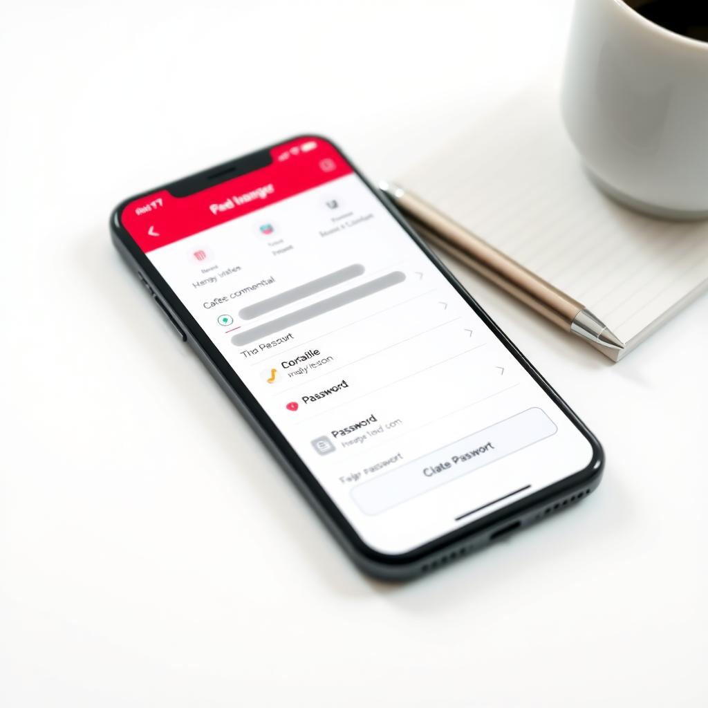 Smartphone displaying a password manager app on a white table with a coffee mug and notepad in the background.