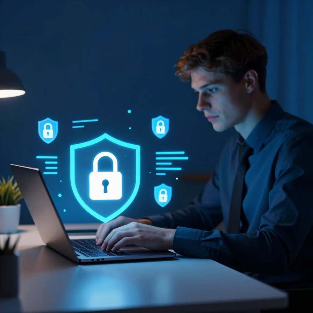 Person using laptop with privacy protection symbols on screen