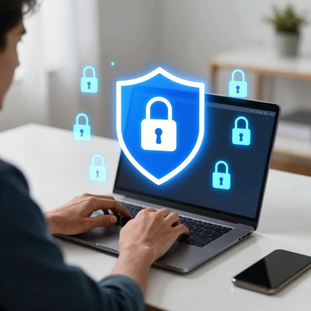 Person using laptop with privacy shield and lock icons symbolizing online privacy