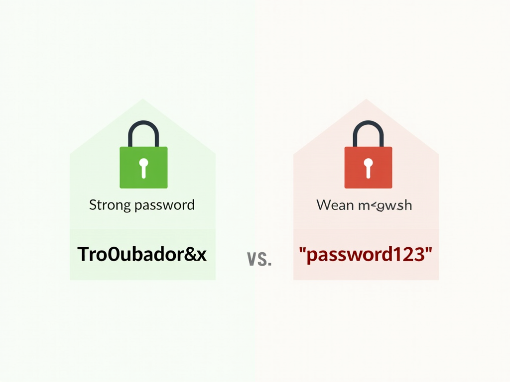 Infographic comparing a strong password to a weak one with a lock strength meter.