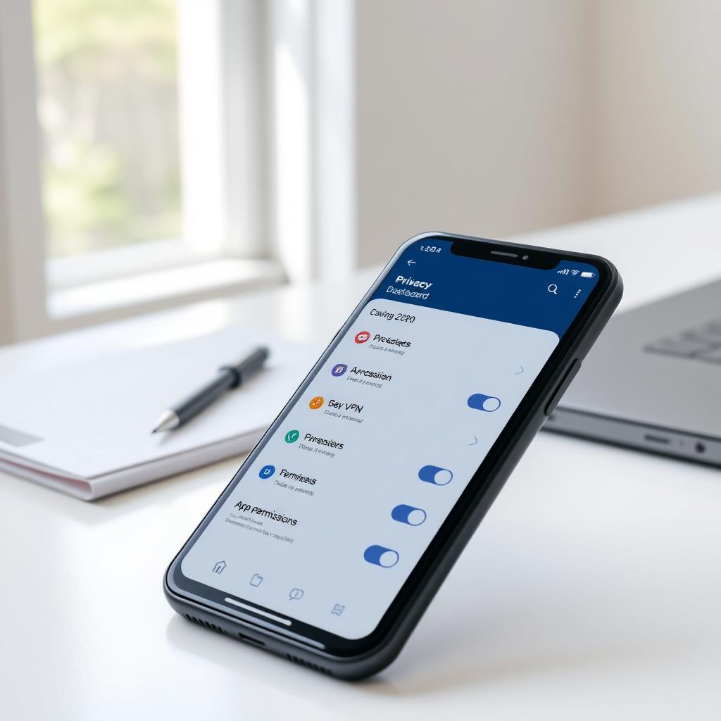 Smartphone showing a privacy dashboard with 2FA and VPN settings on a desk