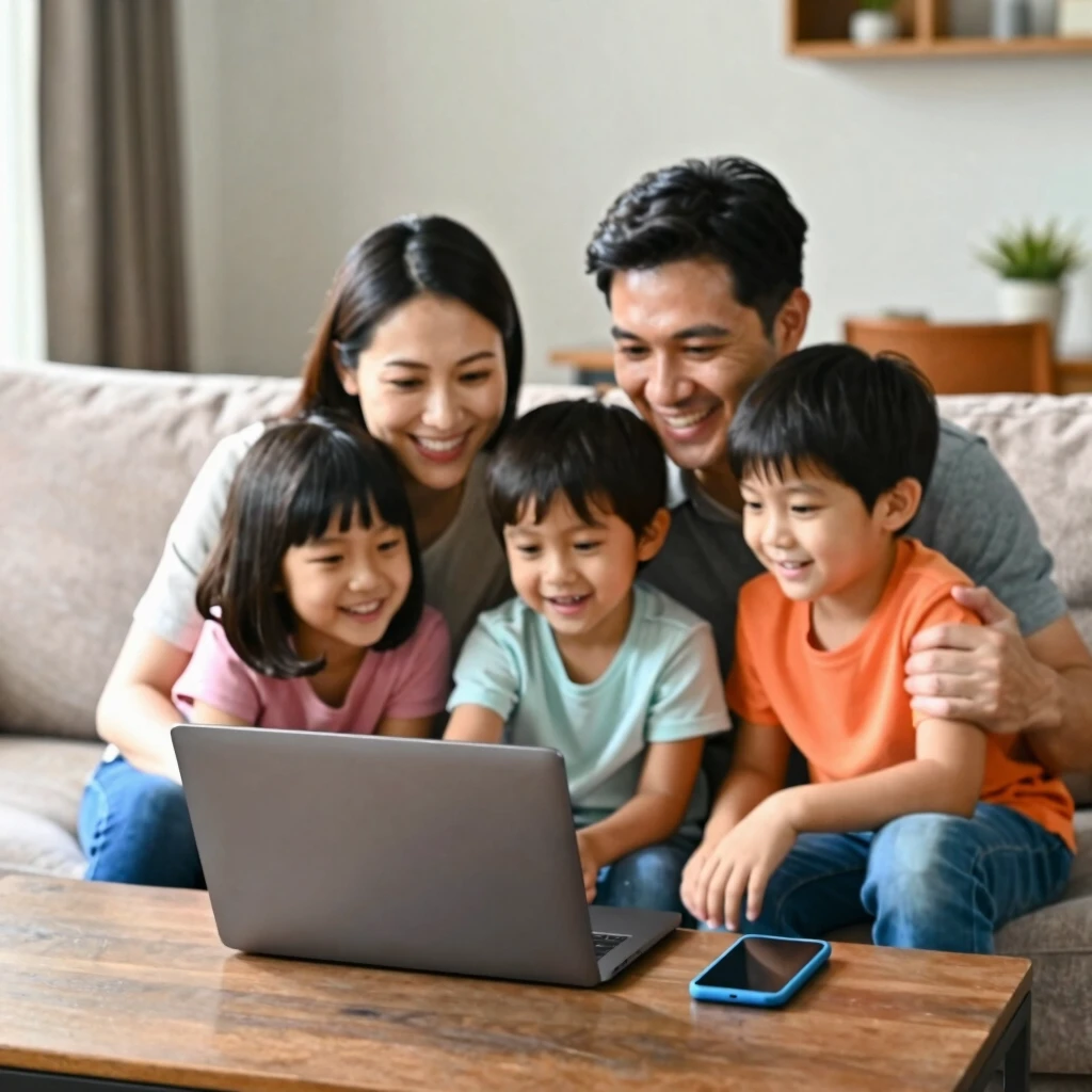 Family discussing online safety at home