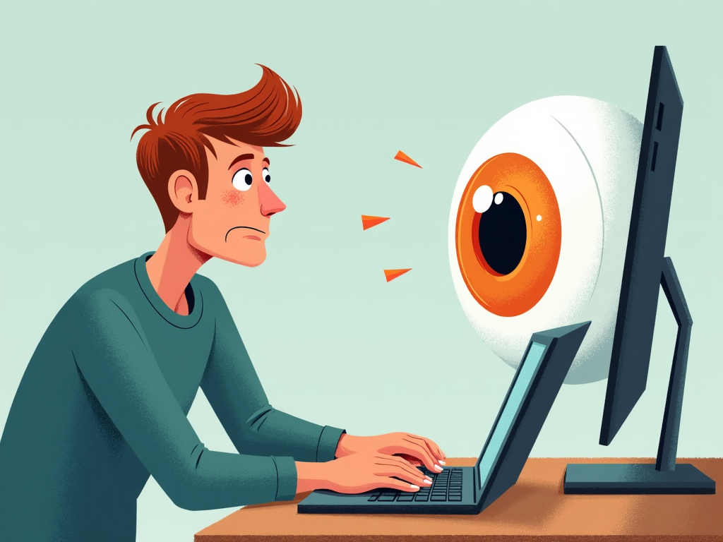 Illustration of a person typing with a large eye watching from the screen.
