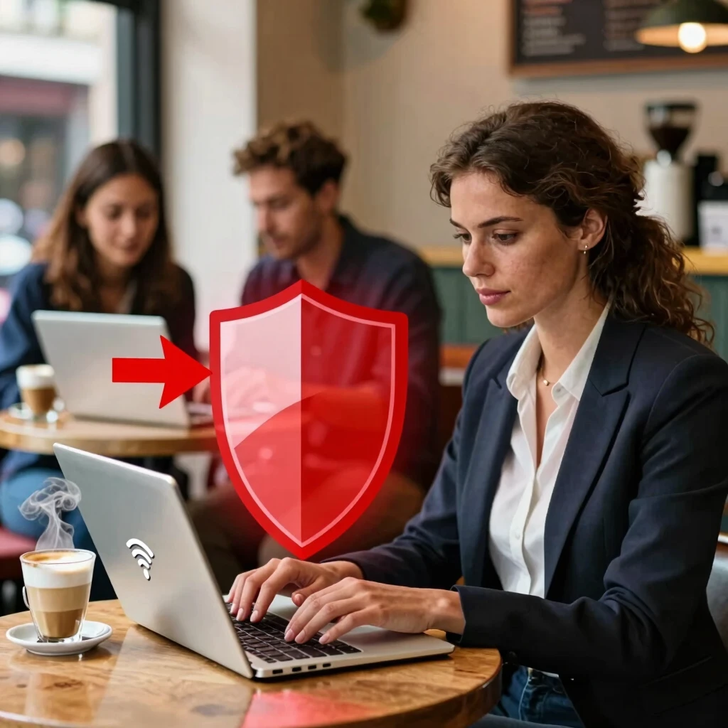 Woman working on laptop in cafe with public Wi-Fi security overlay