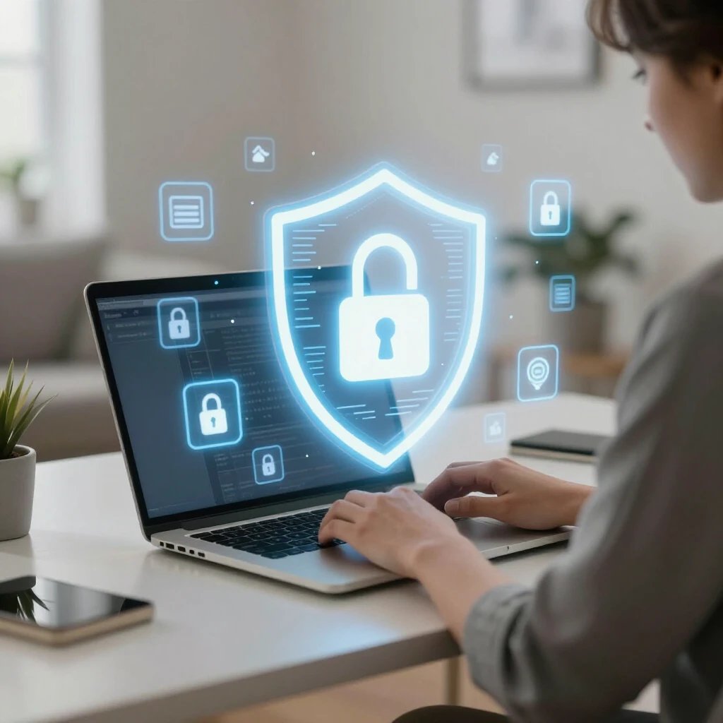 Person using laptop protected by digital privacy shield and lock icon