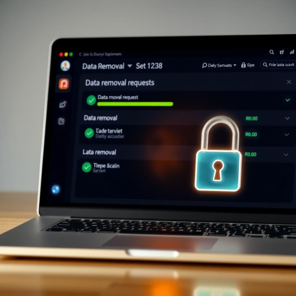 Laptop screen with data removal dashboard and a glowing padlock, representing Incogni’s privacy protection.
