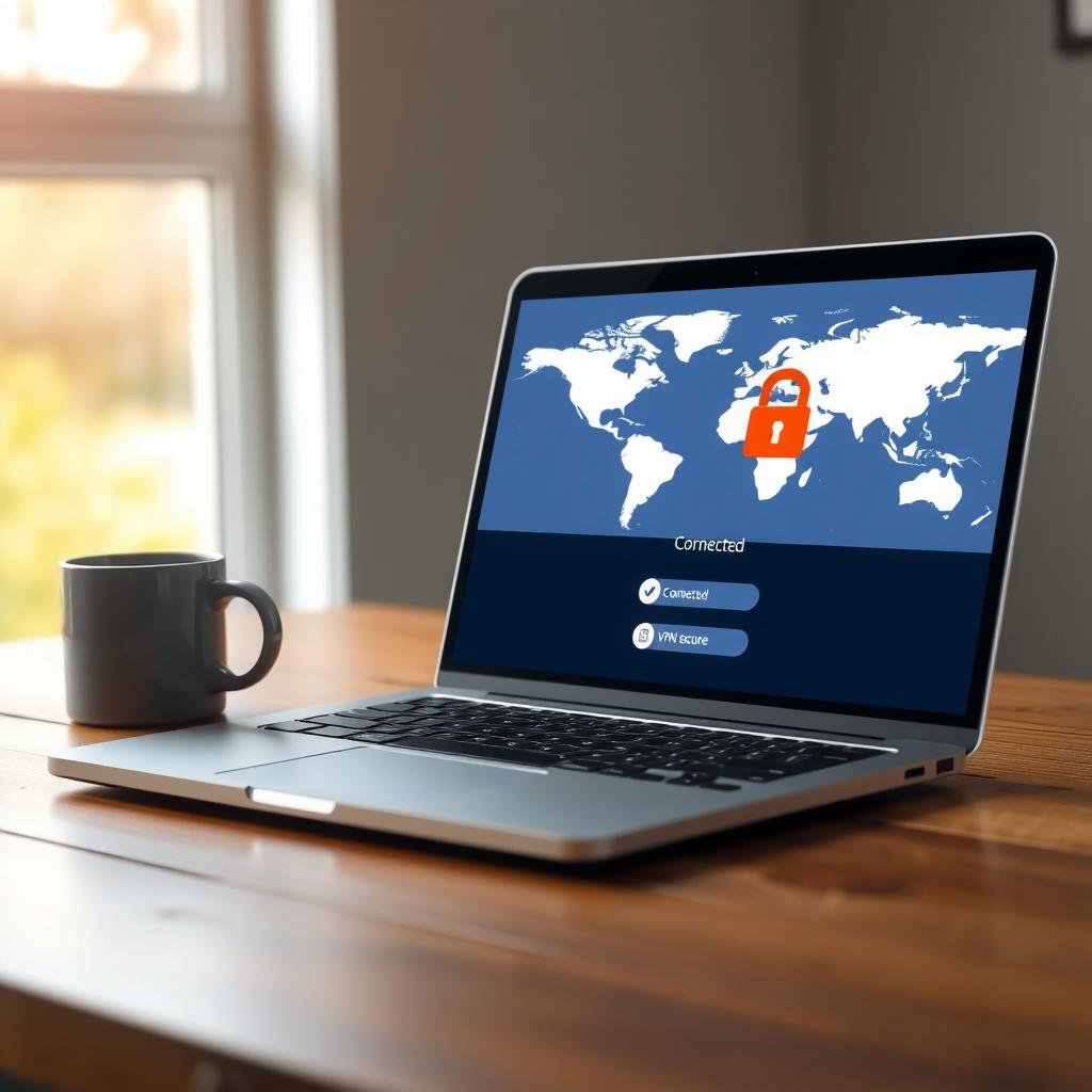 Laptop showing a VPN interface with a world map and padlock icon, symbolizing online security.