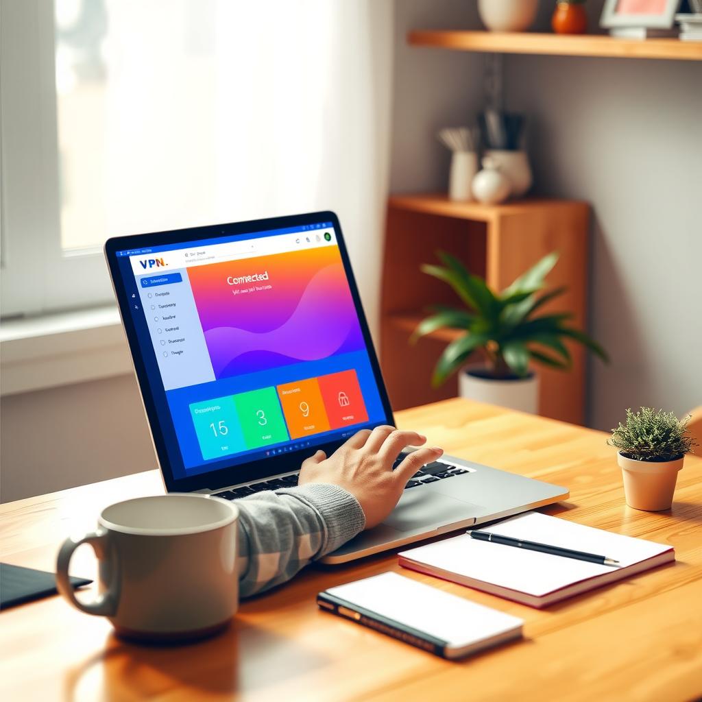 Person using a laptop with a VPN interface at a cozy home desk