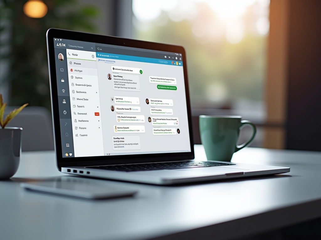 Laptop displaying Wickr Me app with a secure group chat, on an office desk beside a coffee mug.
