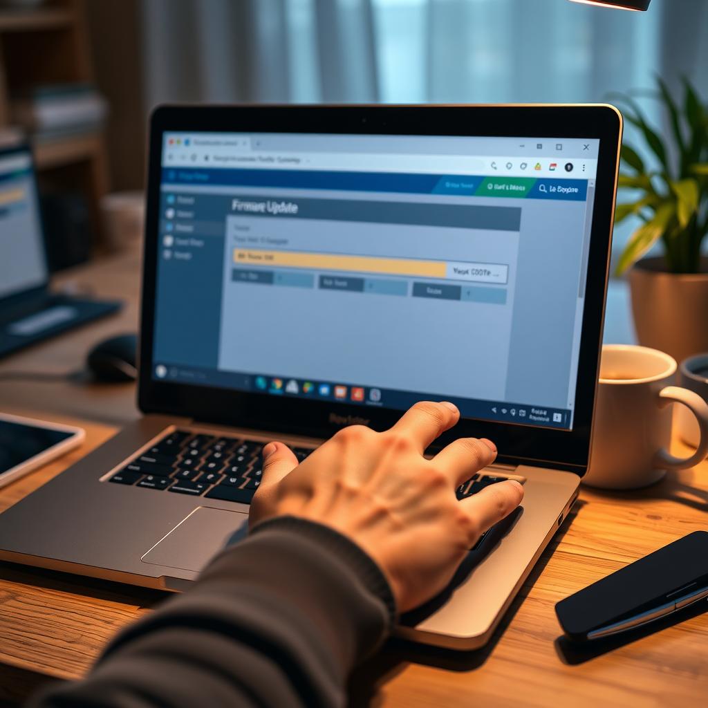 Hand updating router firmware on a laptop in a cozy home office, with a progress bar on the screen.