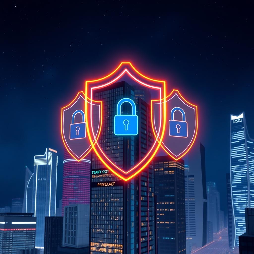 A futuristic city with holographic privacy shields protecting buildings.