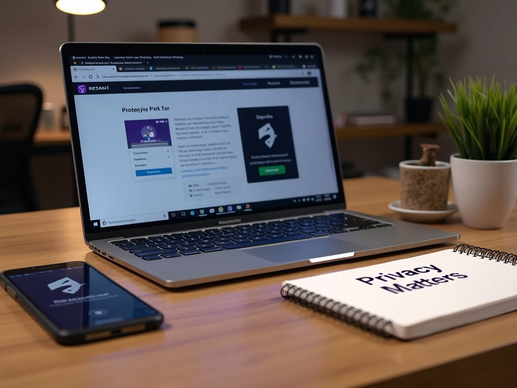 Desk with laptop on Tor Browser and phone showing Signal app.