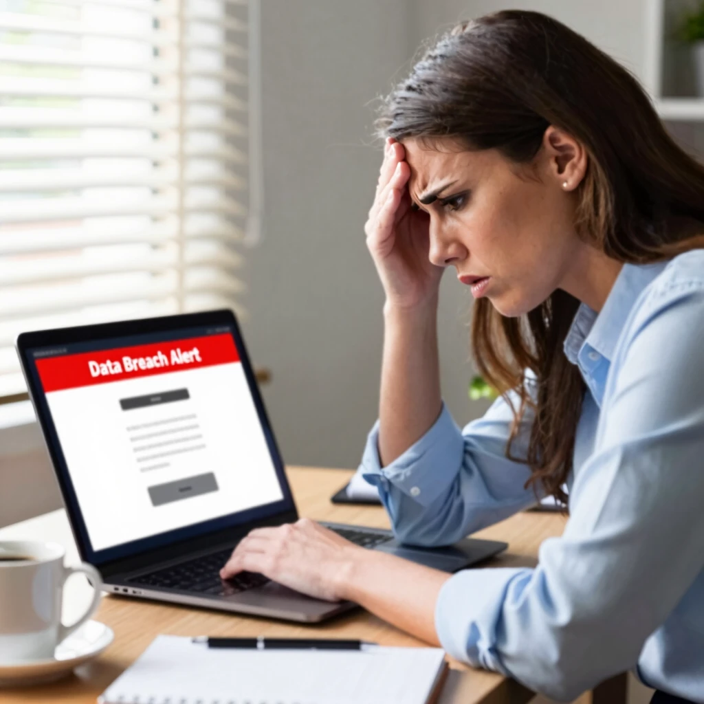 Woman reacting to a data breach alert on her laptop