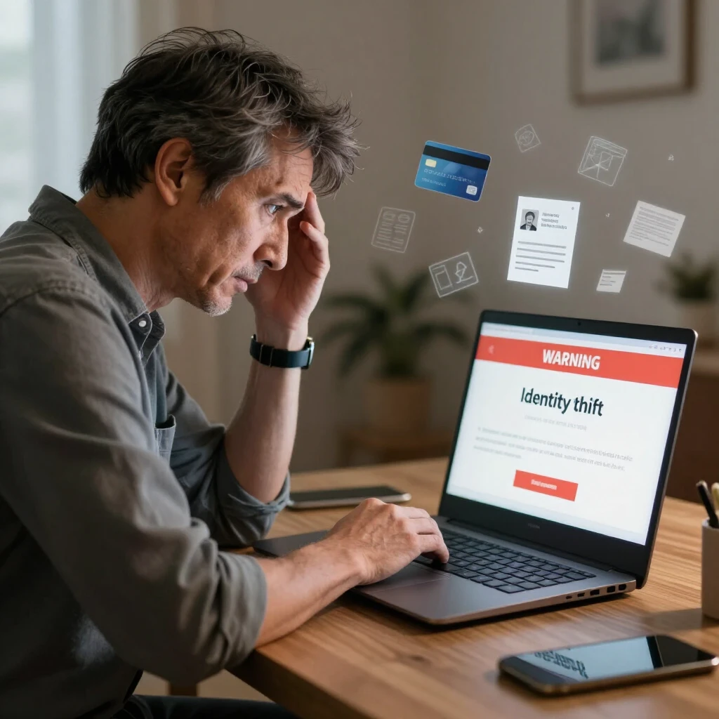 Person concerned about identity theft notification on computer screen