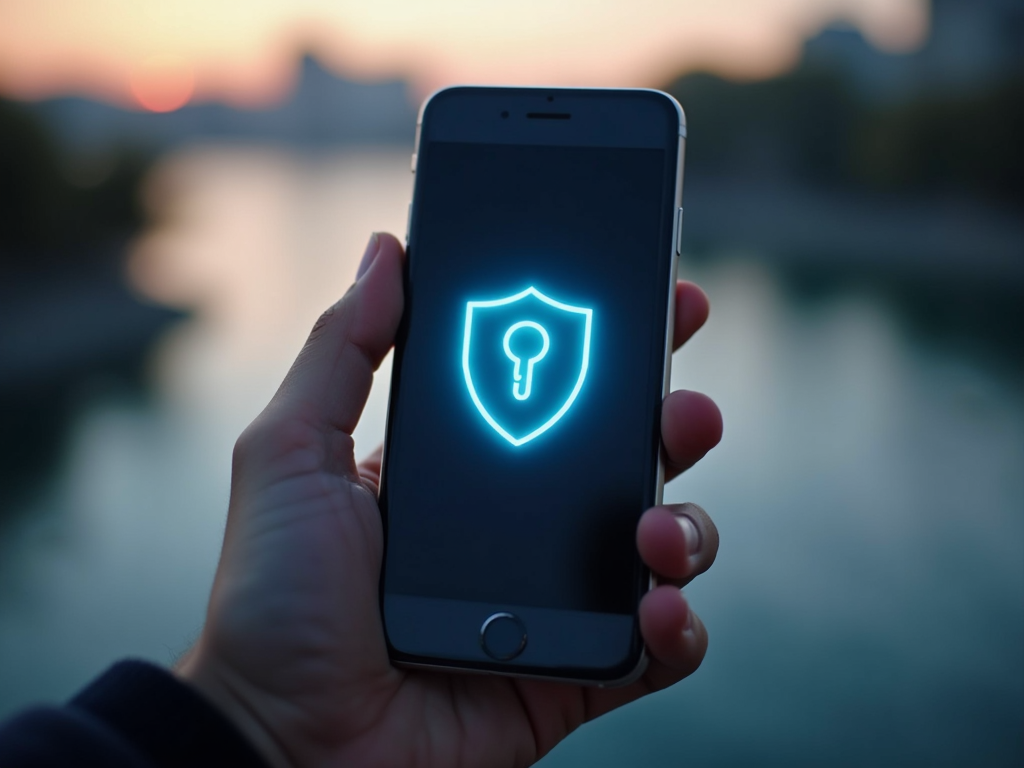 Smartphone displaying a privacy shield icon outdoors.
