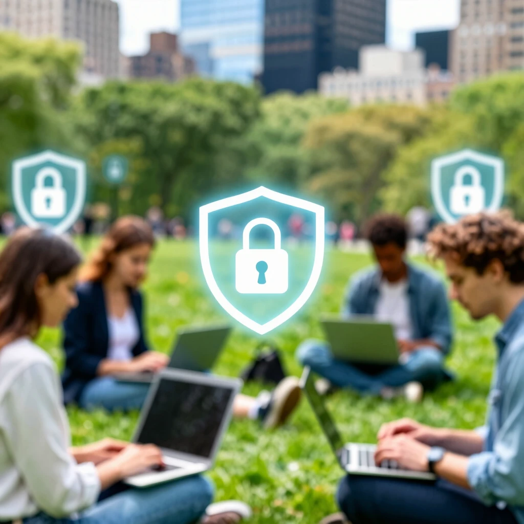 People enjoying digital life with privacy protections in a city park