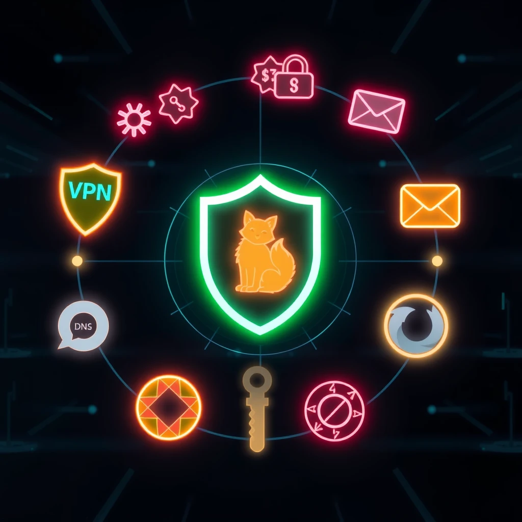 Collection of glowing icons representing top online privacy tools on dark background