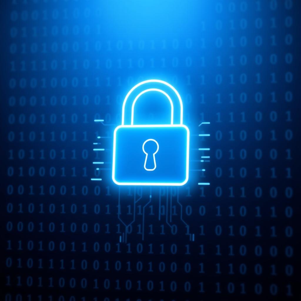 Glowing digital lock icon with binary code on a blue background