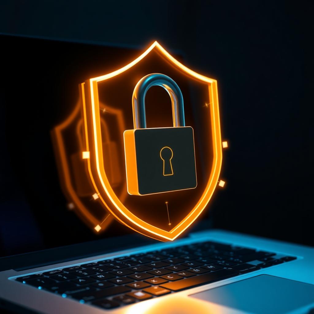Glowing digital padlock over a laptop, representing password security