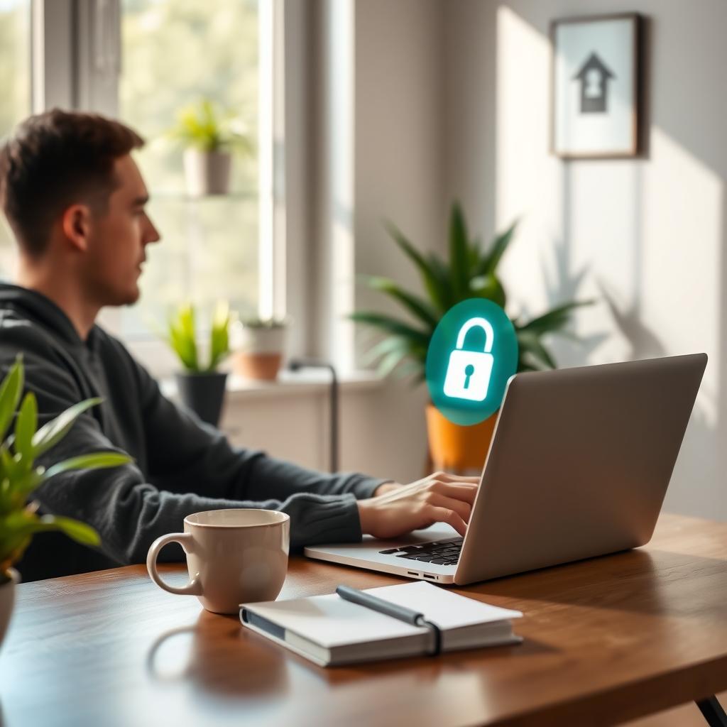Person using a laptop with a padlock icon on the screen in a cozy home office