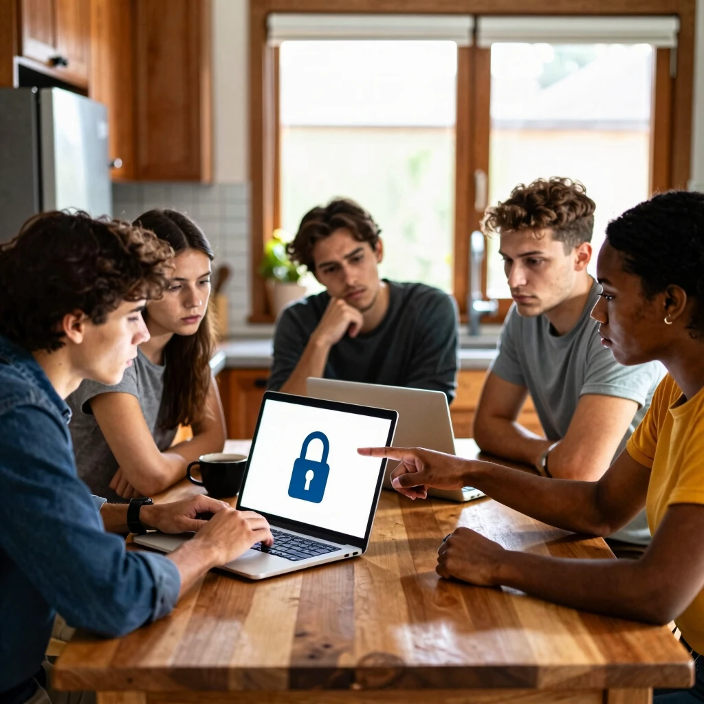 Friends collaborating on online privacy strategies at home