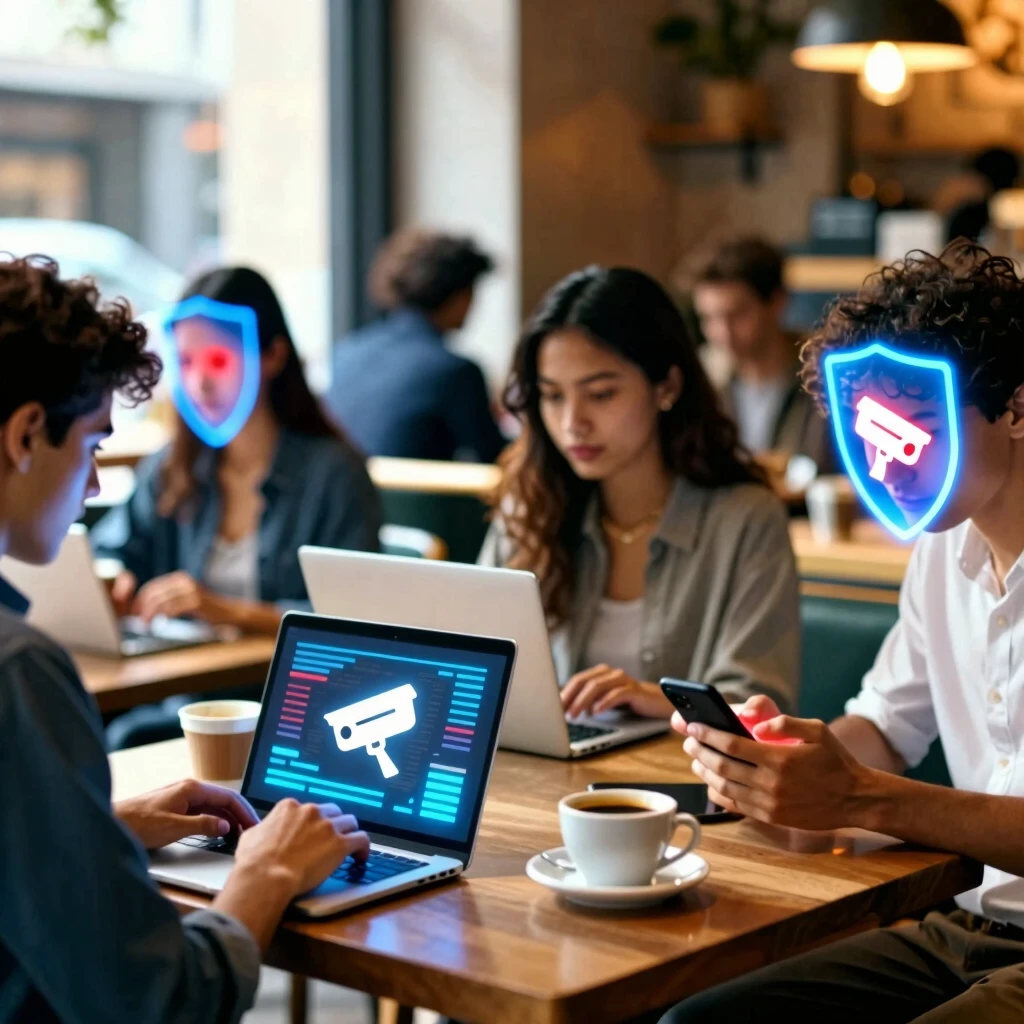 Friends using devices securely in a cafe, protected by digital privacy shields