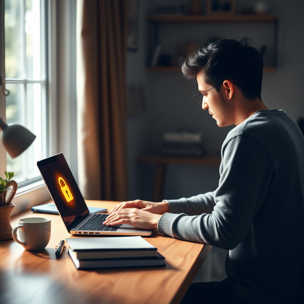 Person using a laptop with a glowing padlock icon, symbolizing online security, at a cozy desk.