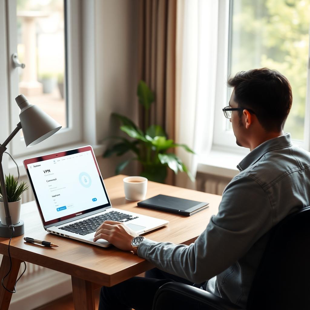 Person using a laptop with a VPN interface in a cozy home office