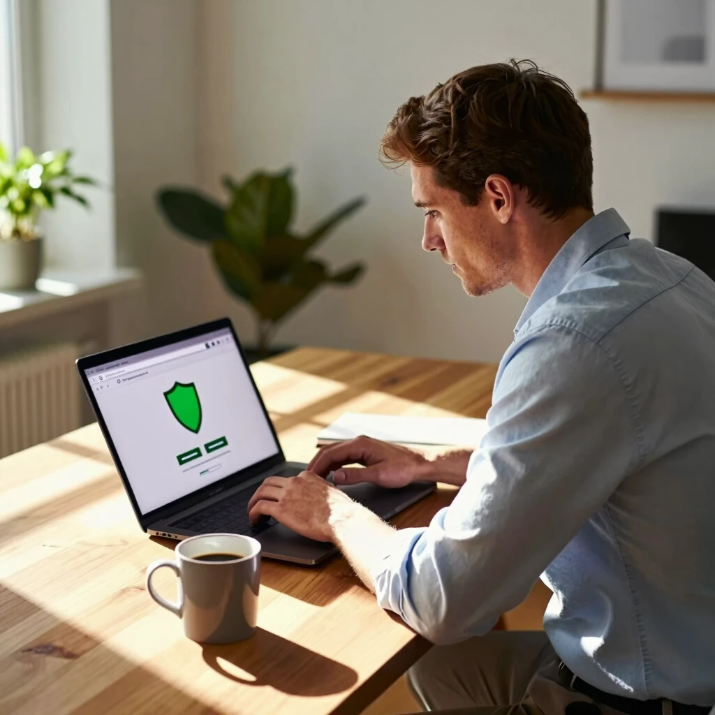 Man browsing securely on laptop in home office