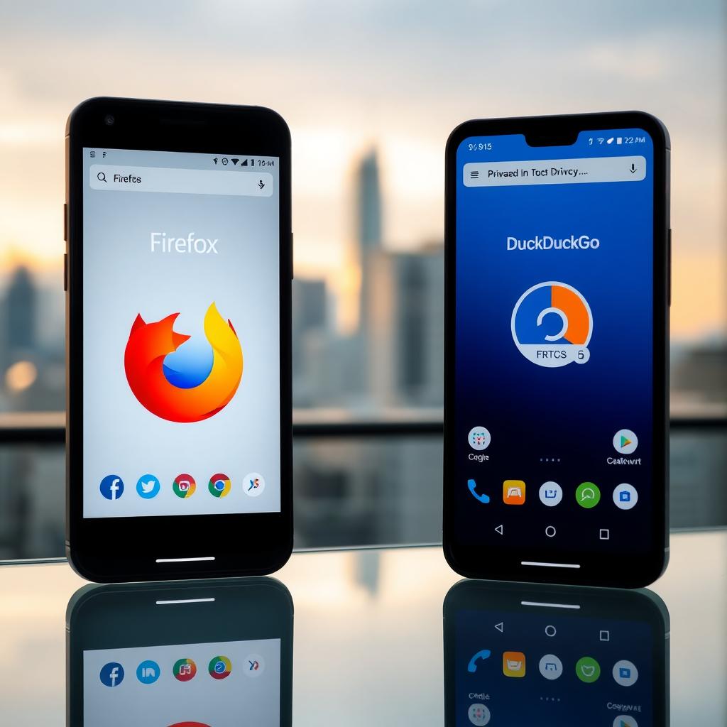 Two smartphones showing Firefox Focus and DuckDuckGo browsers