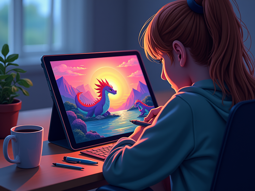 Digital artist drawing a fantasy scene on a tablet.