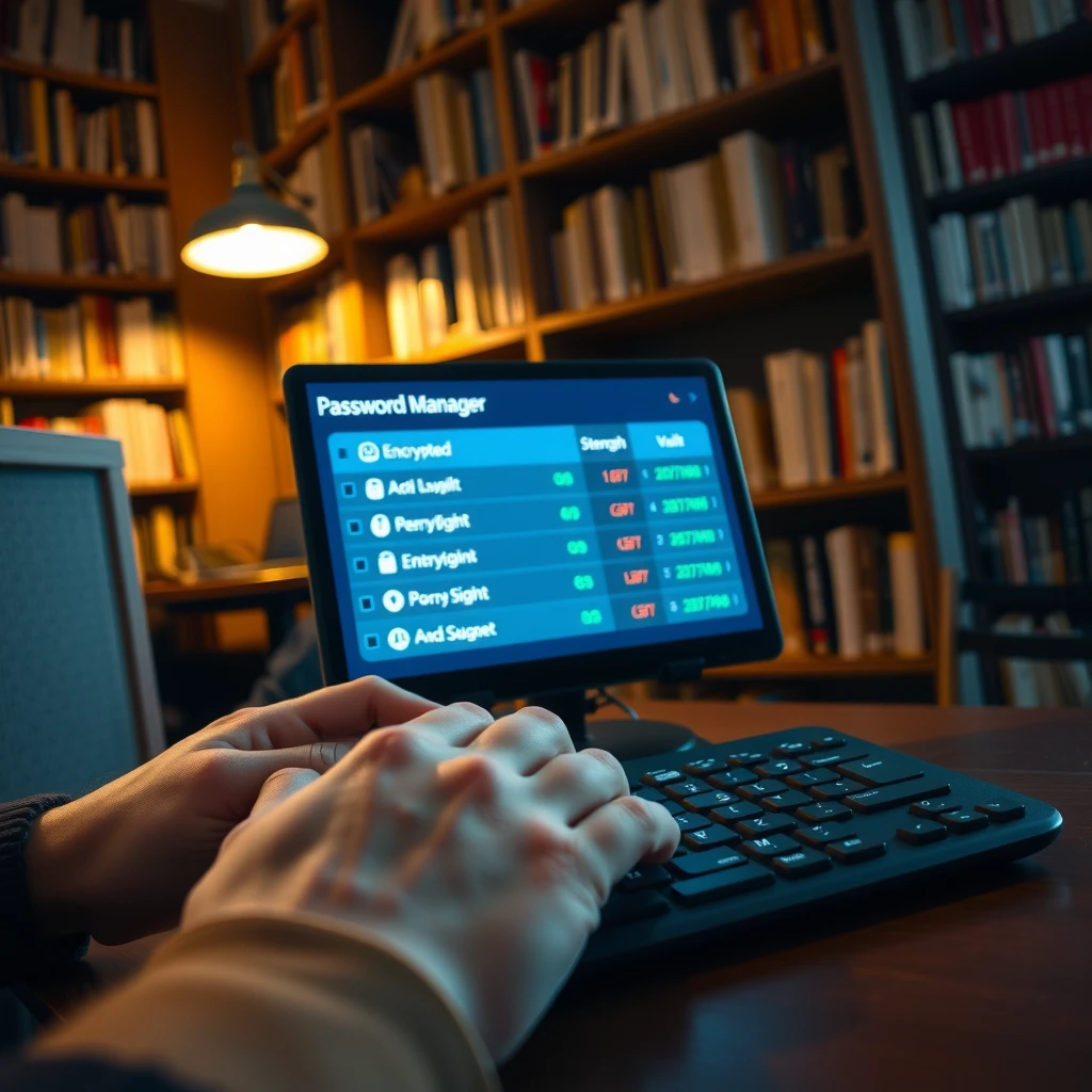 Hands using a password manager on a laptop for secure logins