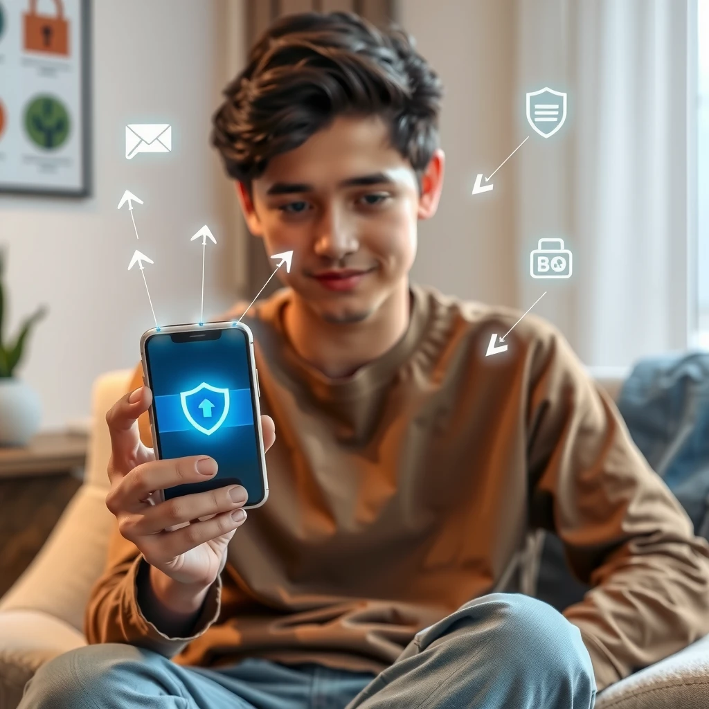 Person holding smartphone protected by digital privacy shield