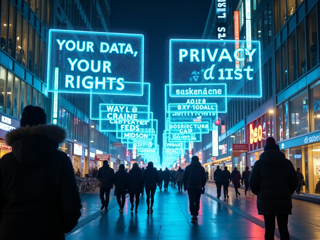 Futuristic city street with privacy holograms