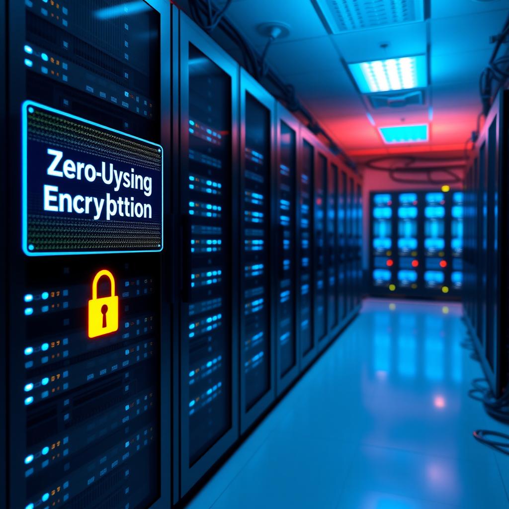 Futuristic data center with servers and zero-knowledge encryption display