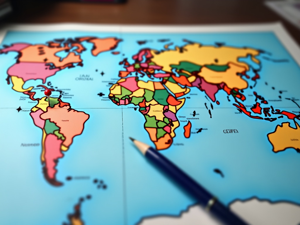A world map with a GDPR document and a pin in Europe