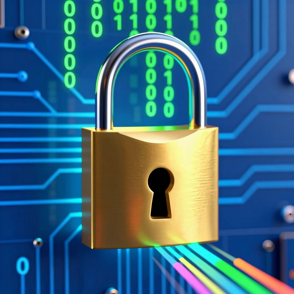 Illustration of a locked padlock on a digital circuit board with binary code, representing data encryption and security