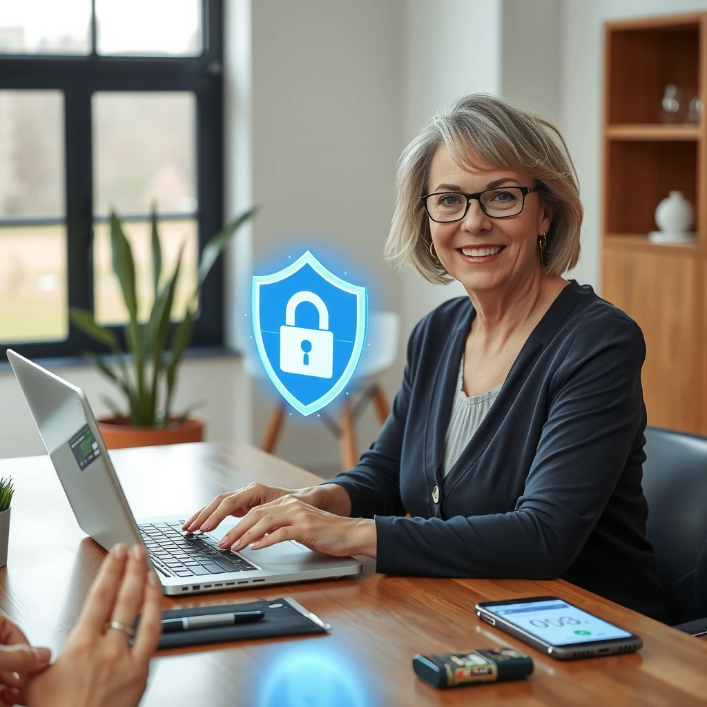 Woman confidently protecting her online privacy with digital security tools