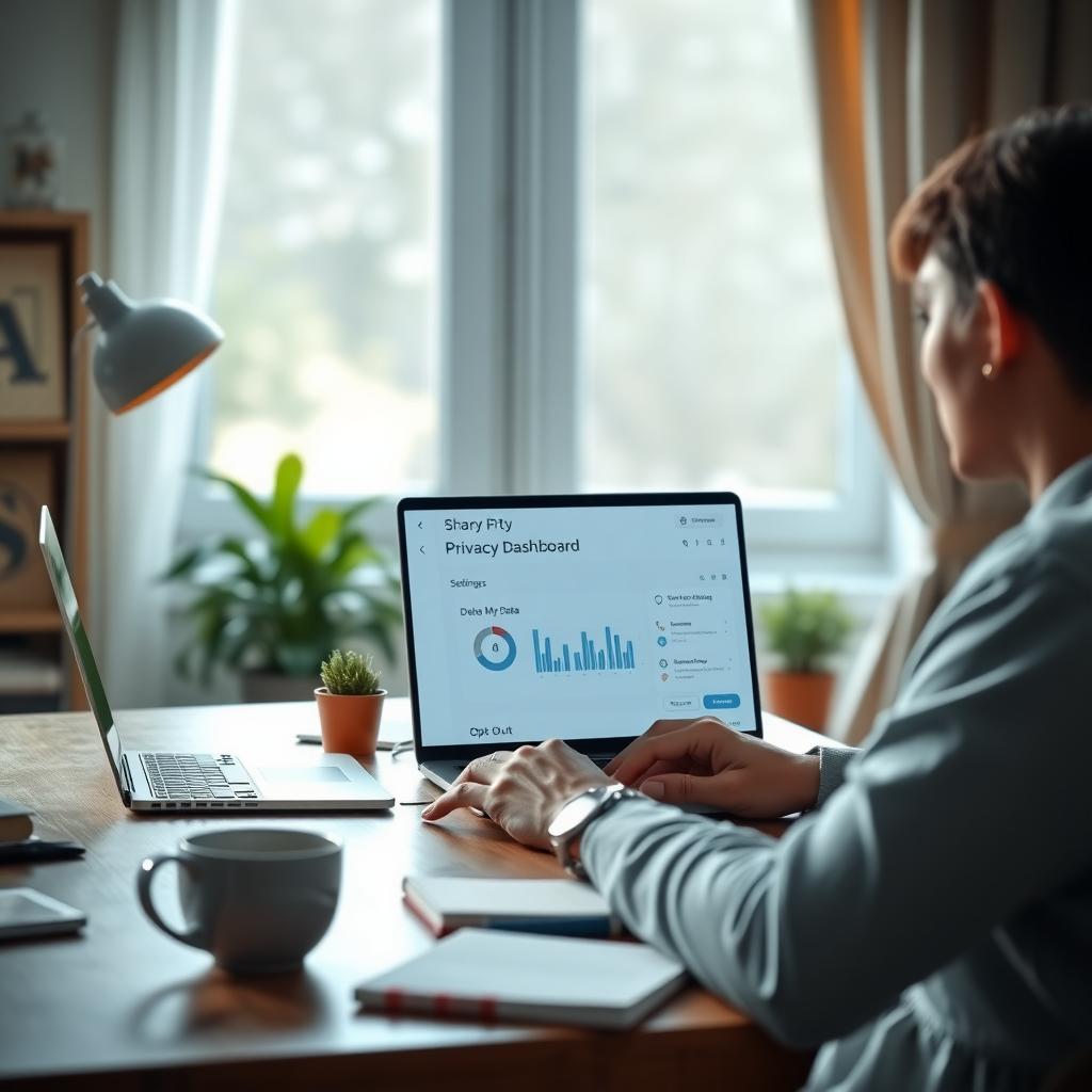 Person using a laptop with a privacy dashboard in a cozy home office