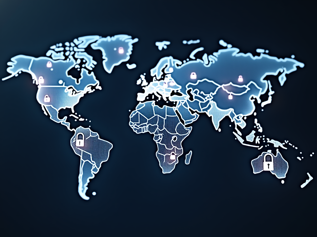 World map with encrypted message lines and padlocks connecting cities.
