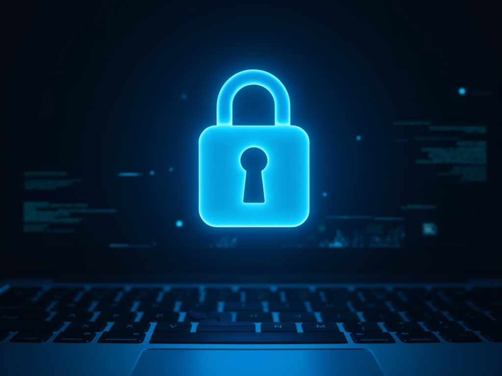 Glowing lock icon above a laptop, symbolizing online privacy.